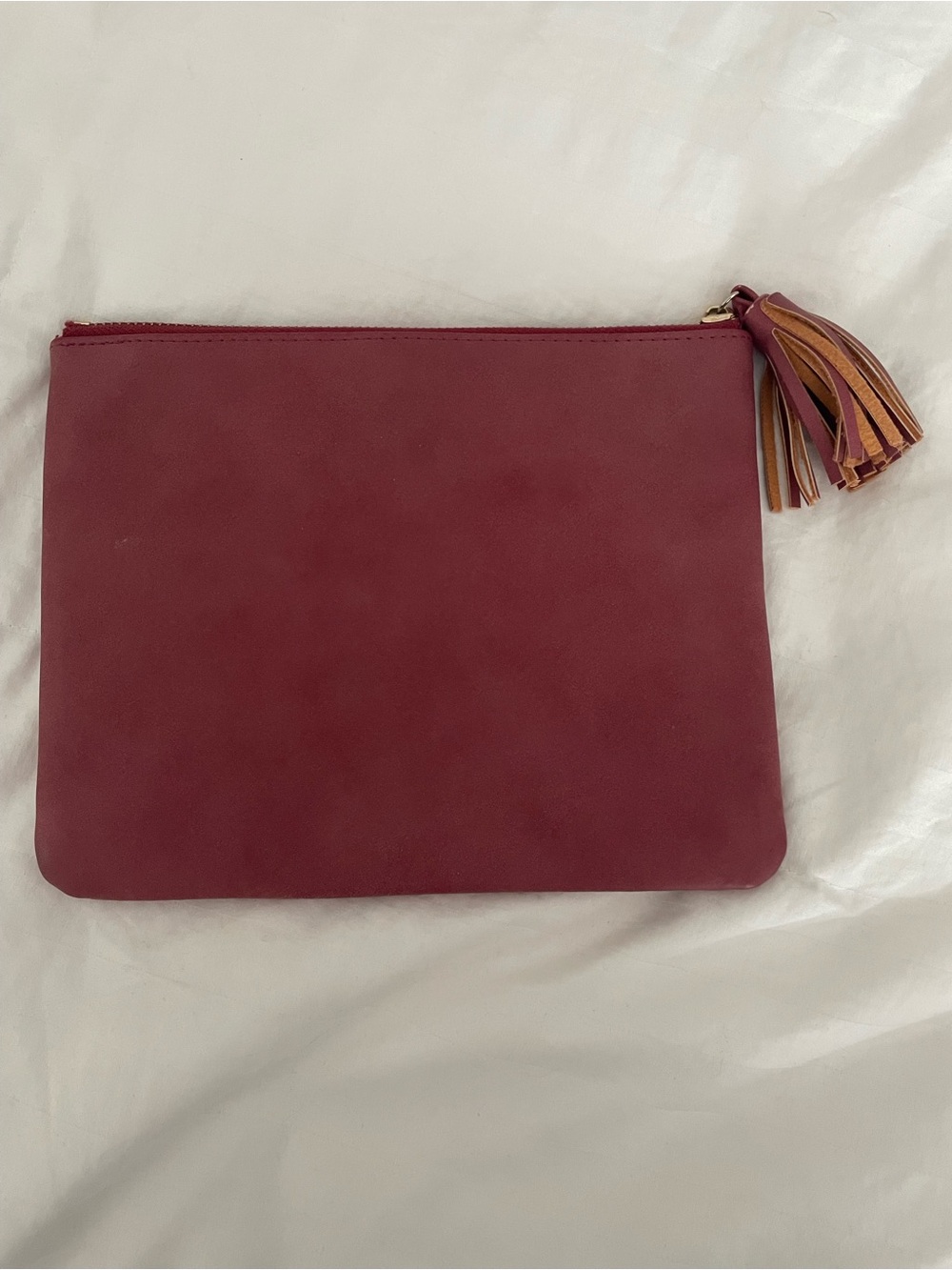 Burgundy Leather Tassel Zip Pouch
